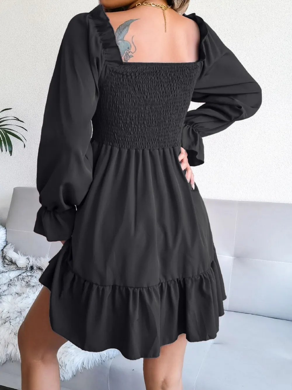 Smocked Flounce Sleeve Square Neck Dress, image 16