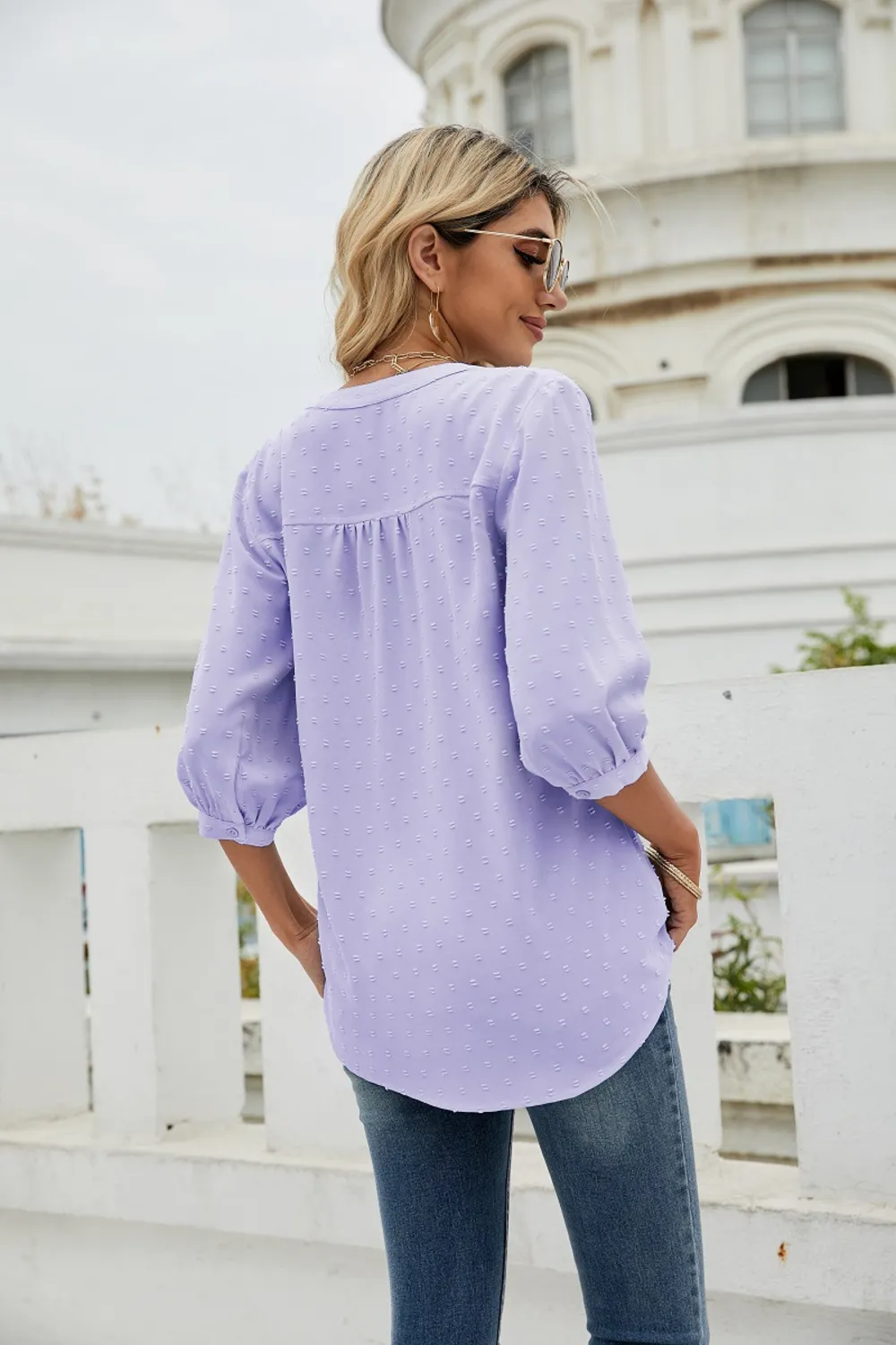 Swiss Dot Notched Neck Three-Quarter Sleeve Blouse, image 29