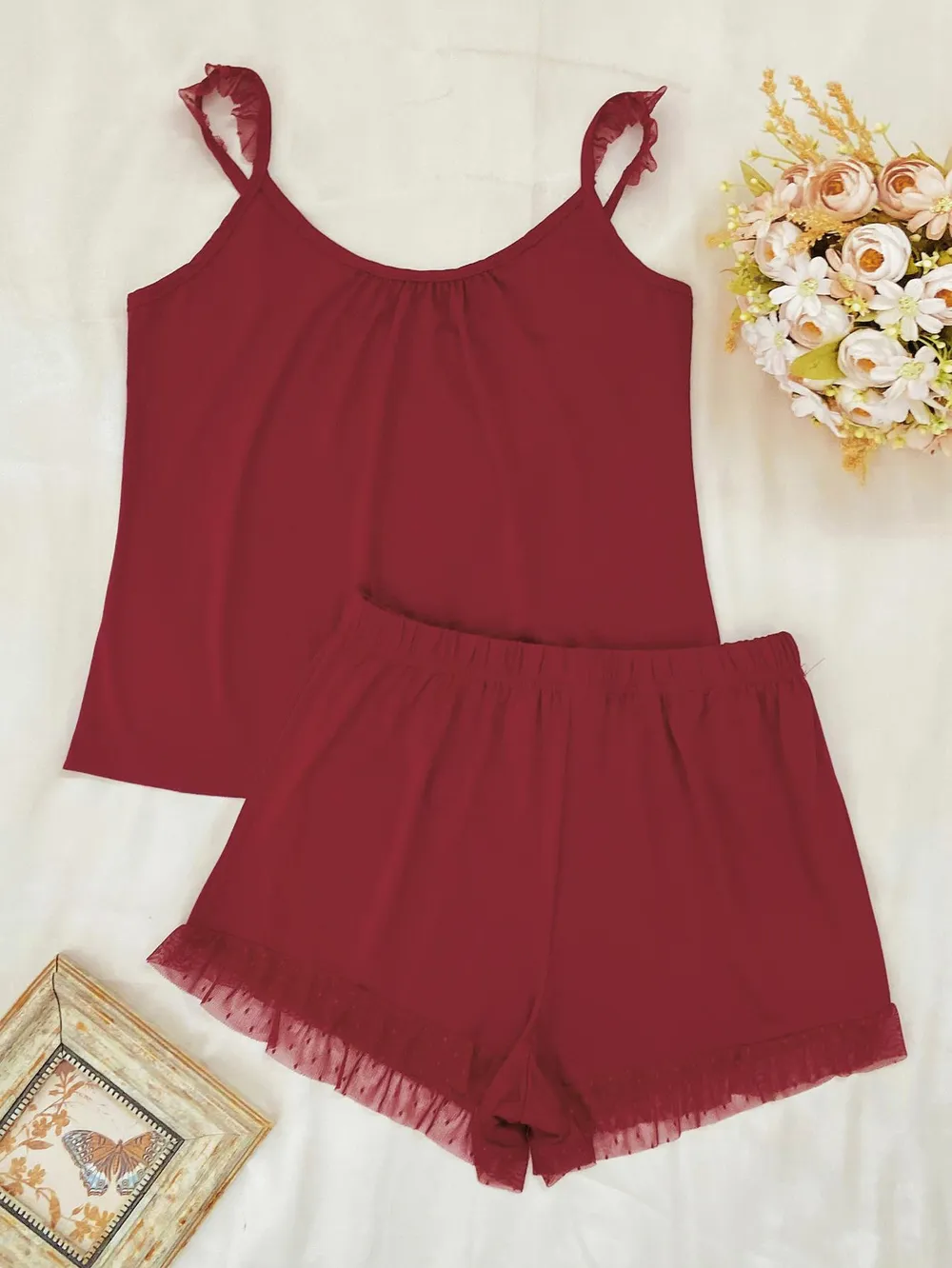 Gathered Detail Spliced Mesh Sleeveless Top and Shorts Lounge Set, image 4