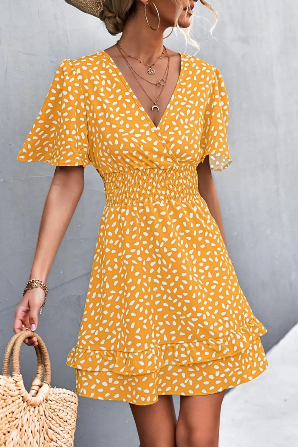 Printed Smocked Waist Layered Surplice Dress, image 6