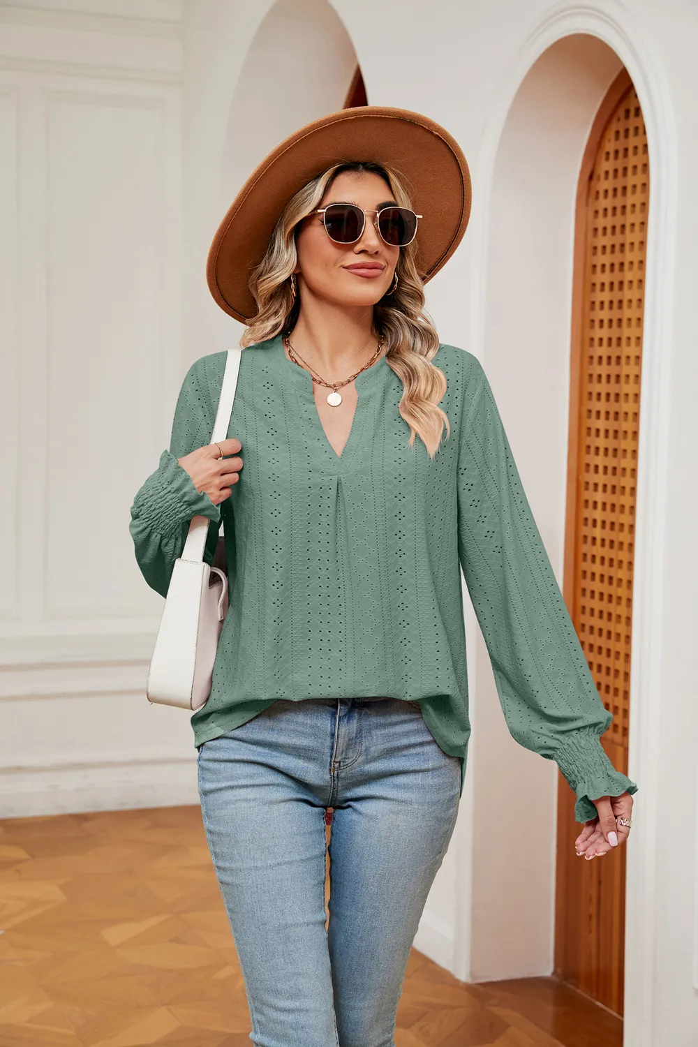 Notched Neck Flounce Sleeve Blouse, image 20