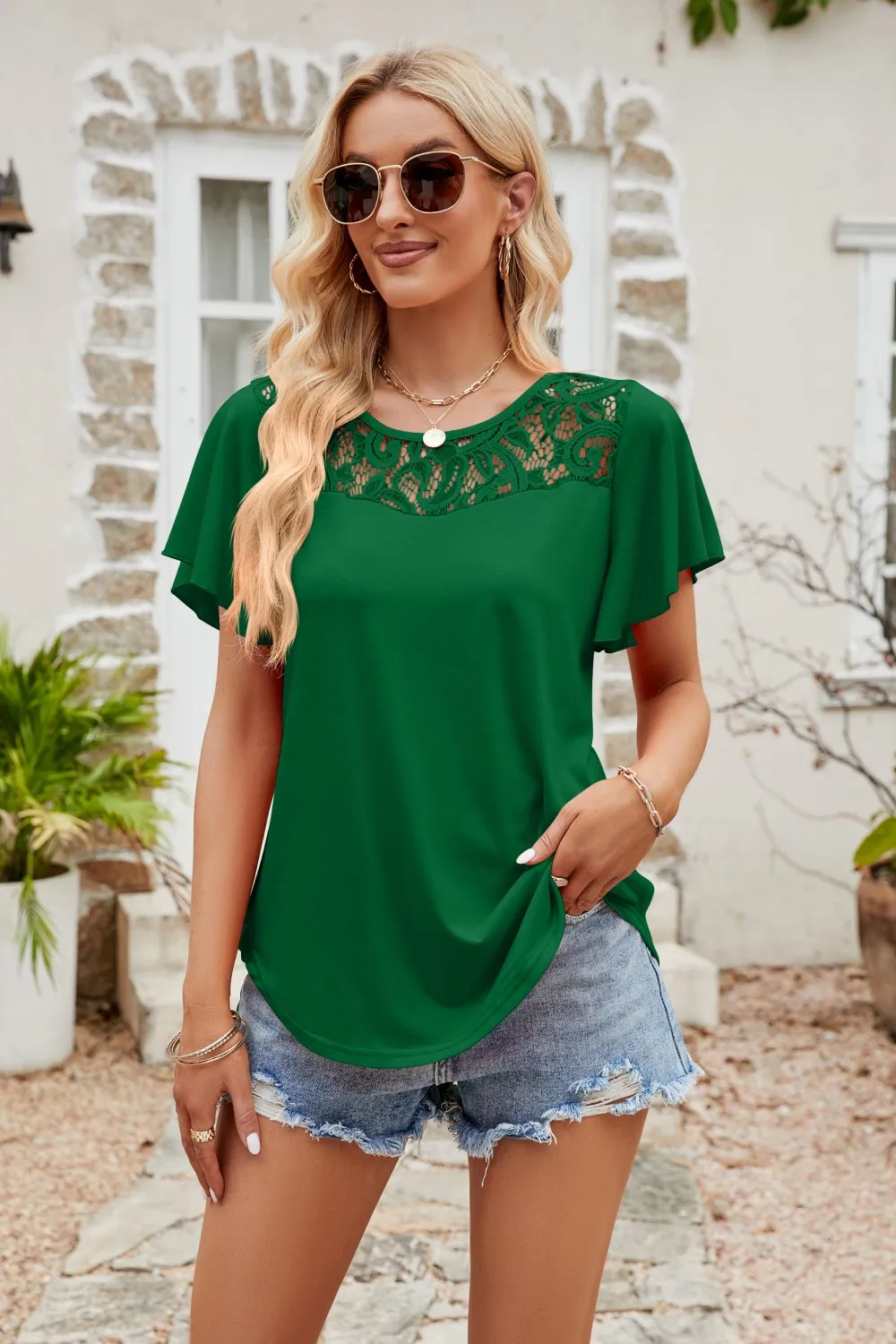 Spliced Lace Flutter Sleeve Top, image 16