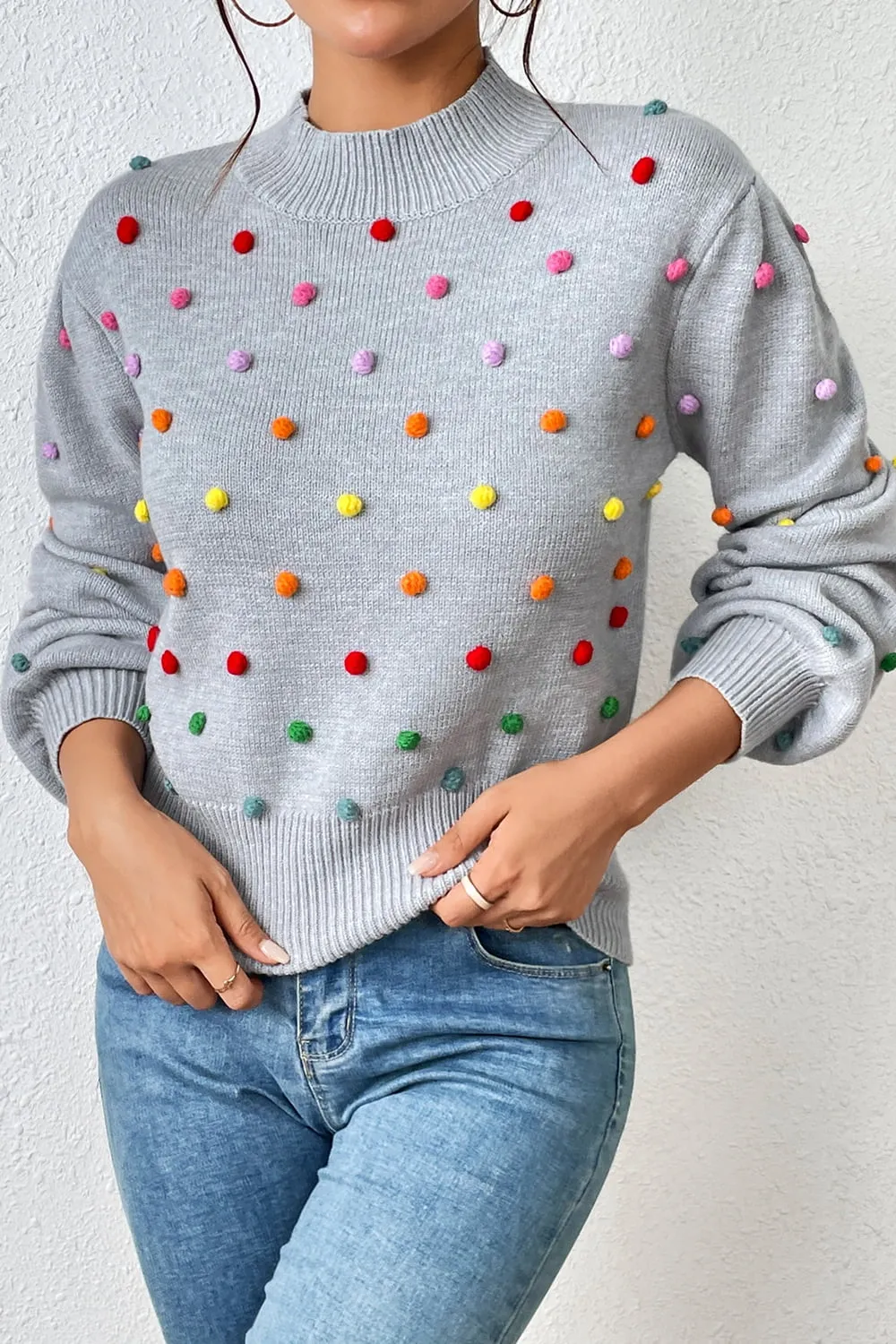 Pom-Pom Trim Mock Neck Long Sleeve Pullover Sweater, image 8