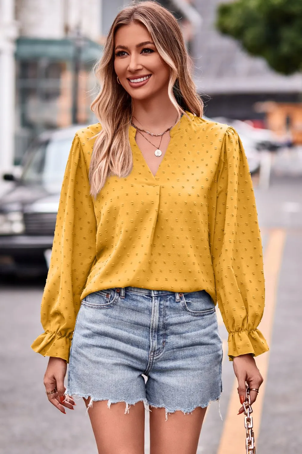 Swiss Dot Notched Neck Flounce Sleeve Blouse, image 13