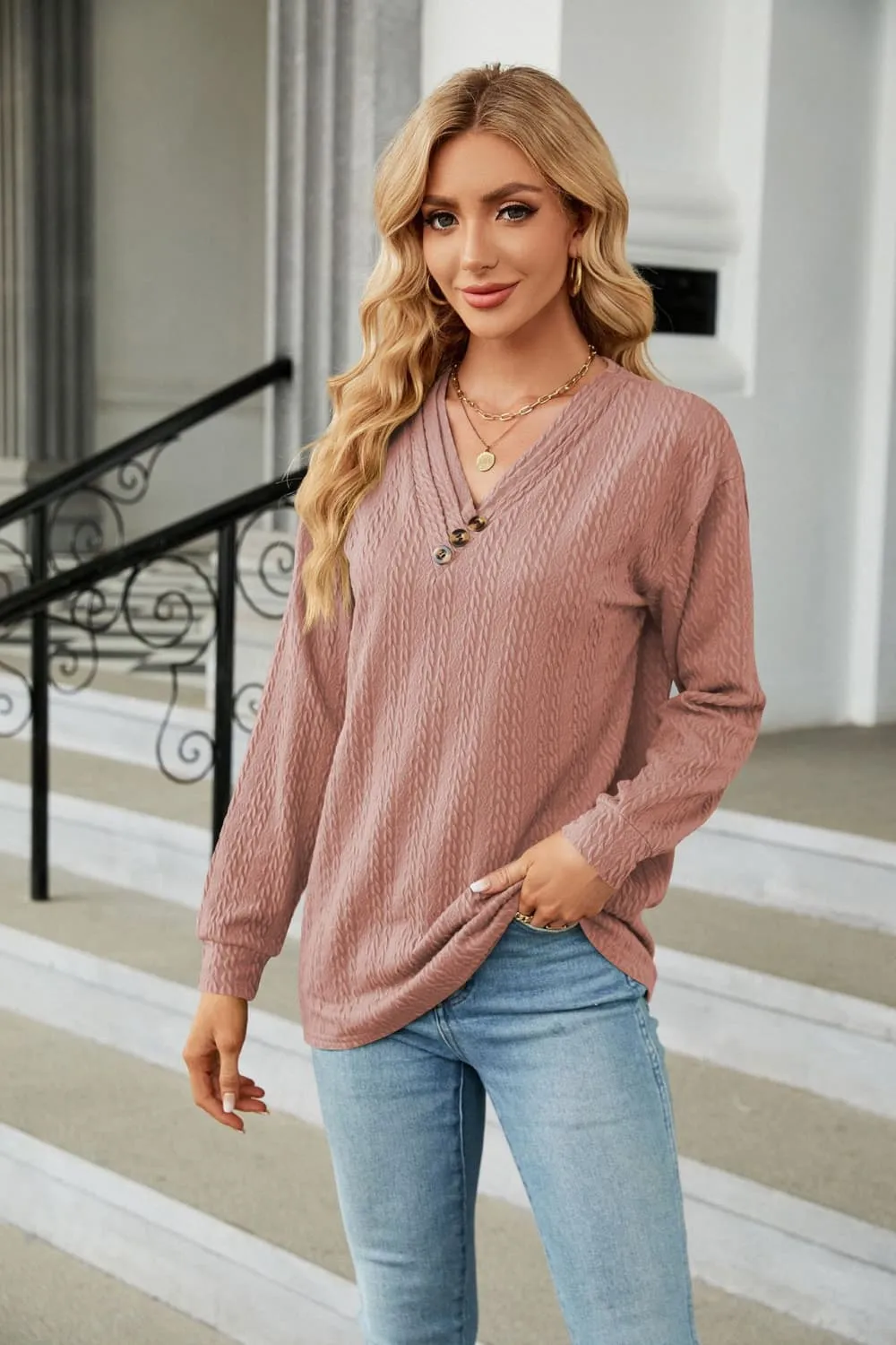 Decorative Button V-Neck Long Sleeve T-Shirt, image 11