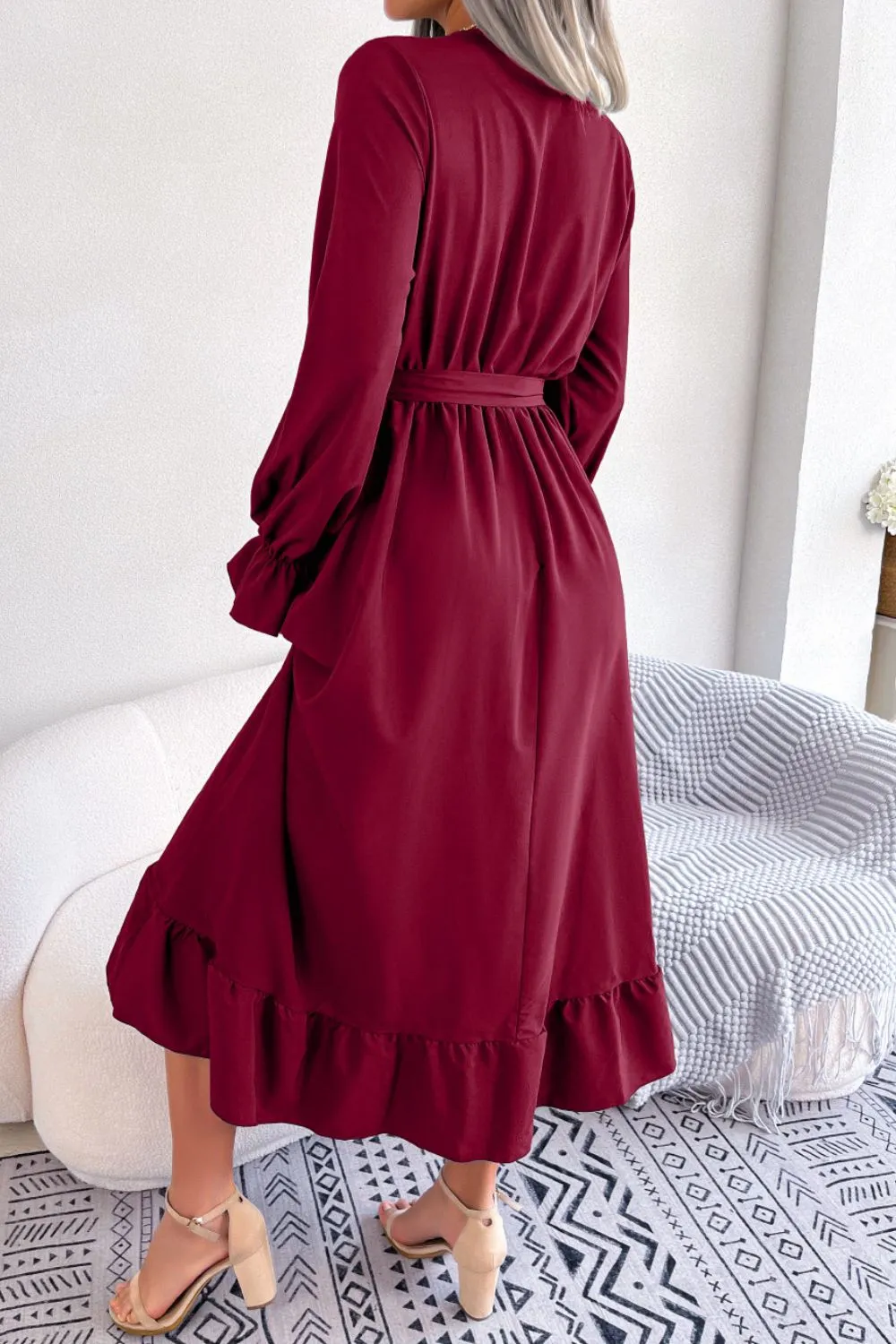 Contrast Belted Flounce Sleeve Dress, image 3