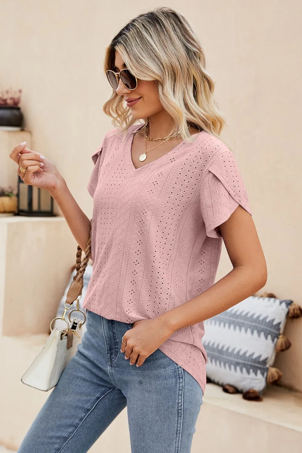 Eyelet Petal Sleeve V-Neck Knit Top, image 18