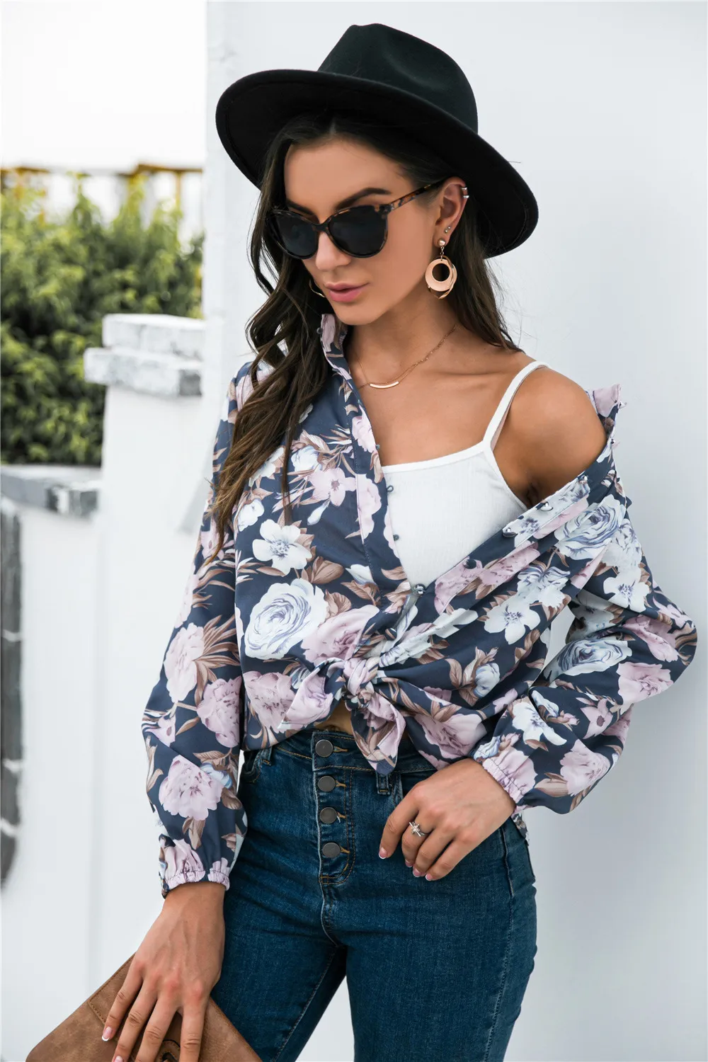 Floral Print Mock Neck Button Front Shirt, image 5