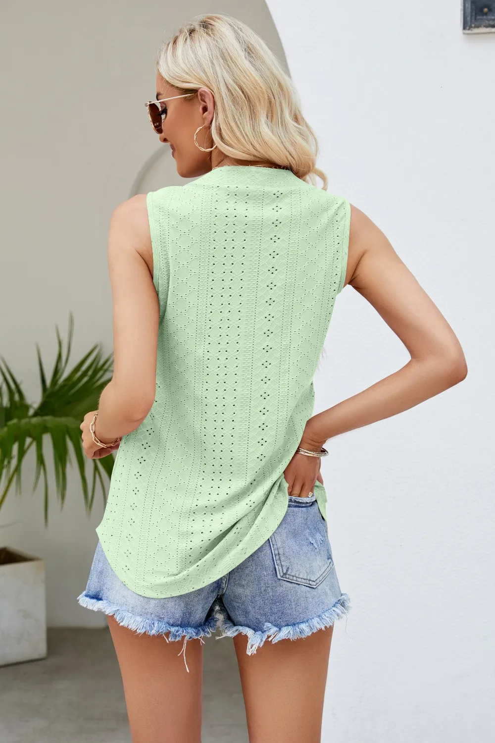 Notched Neck Curved Hem Eyelet Tank, image 7