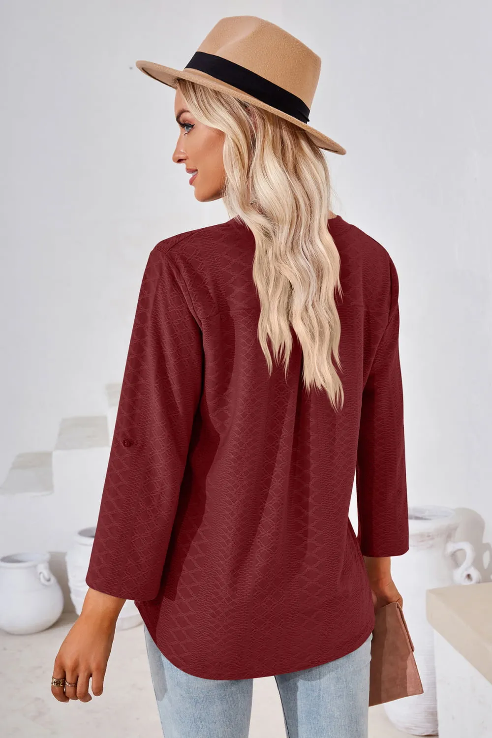 V-Neck Roll-Tap Sleeve Blouse, image 8