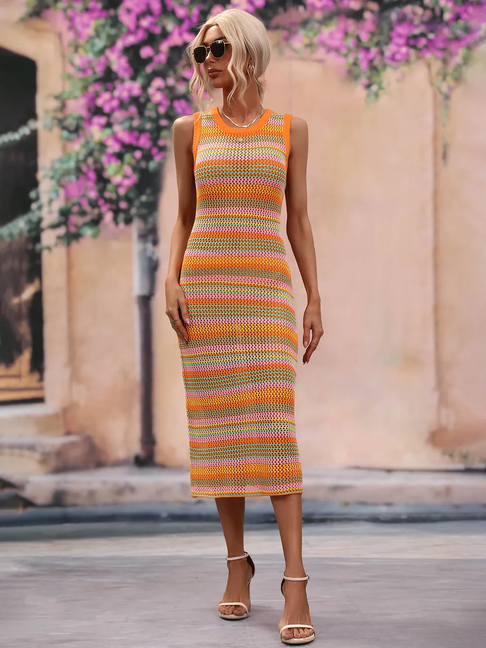 Striped Round Neck Sleeveless Midi Cover Up Dress, image 11