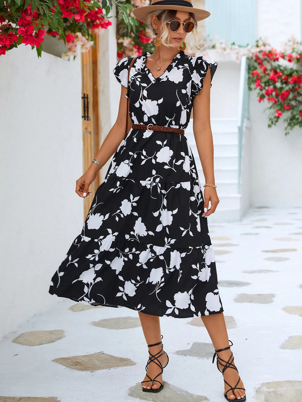 Floral Frill Trim V-Neck Tiered Midi Dress, image 5