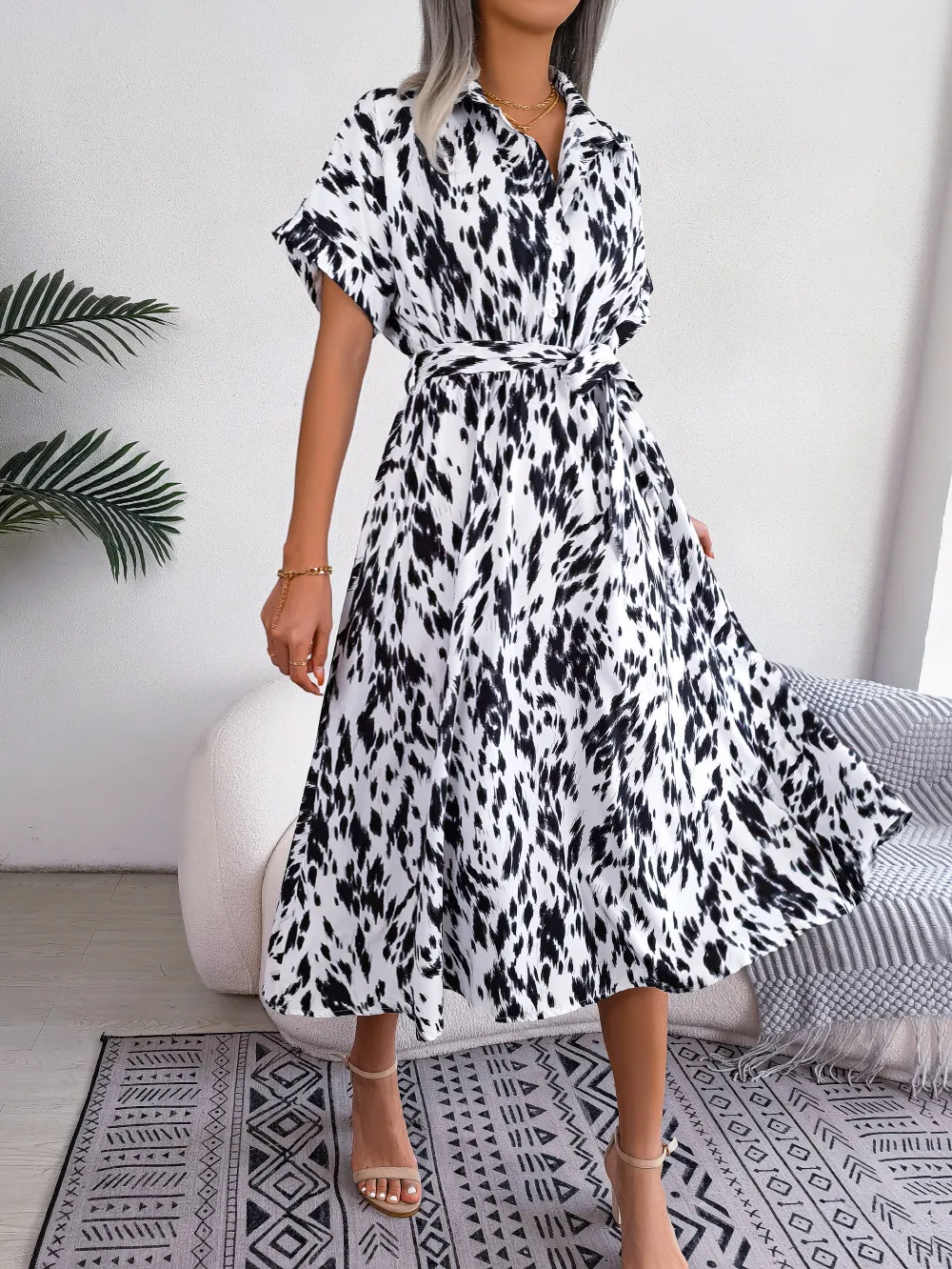 Printed Collared Neck Short Sleeve Tie Waist Dress, image 7