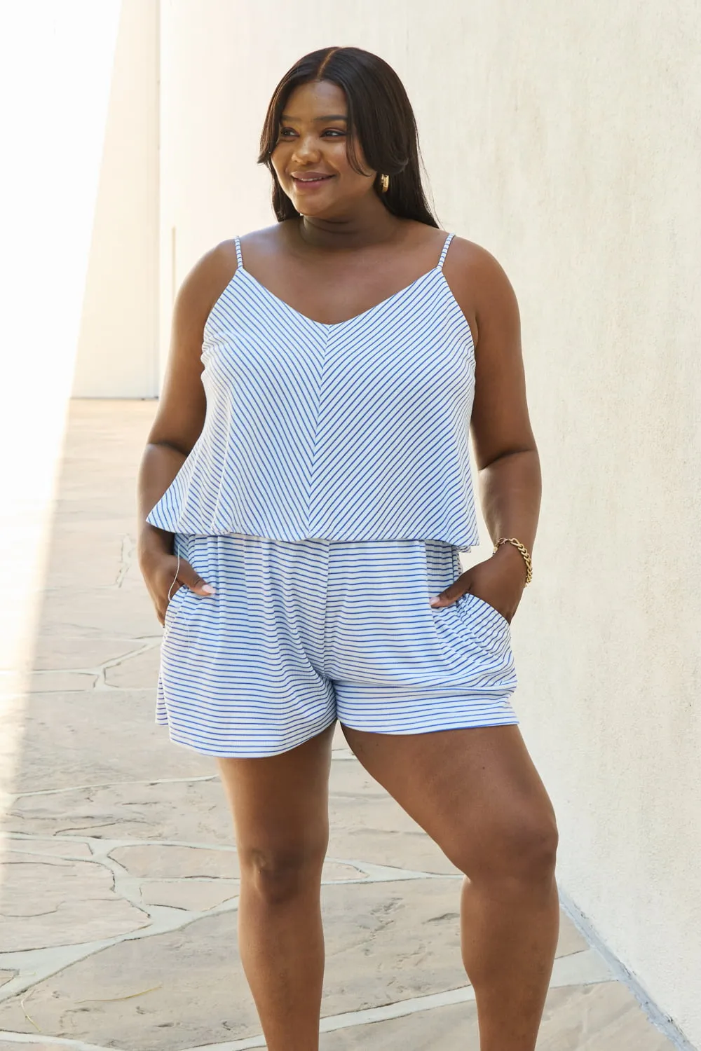 Let It Happen Full Size Double Flare Striped Romper in Cobalt Blue