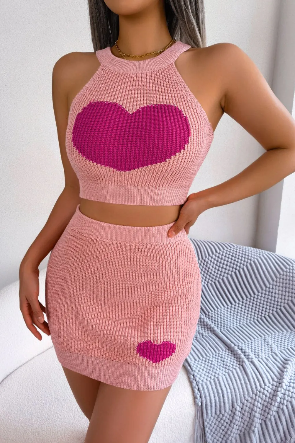 Heart Contrast Ribbed Sleeveless Knit Top and Skirt Set, image 3
