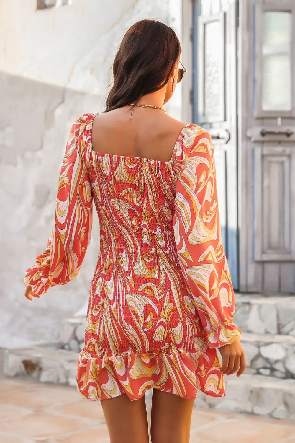 Abstract Print Square Neck Smocked Dress, image 12
