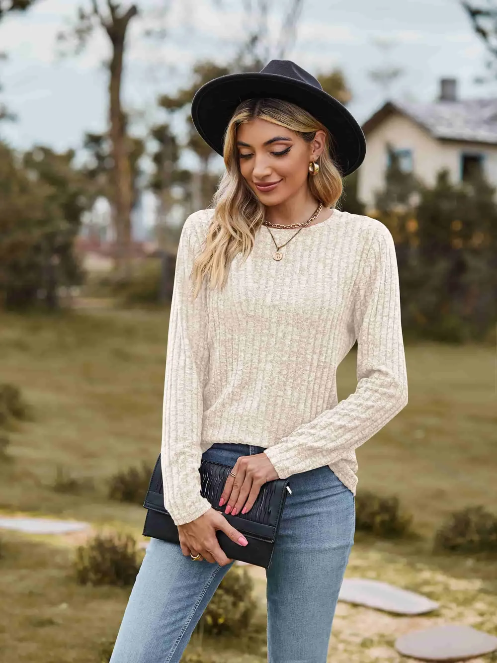 Ribbed Round Neck Long Sleeve Tee, image 20