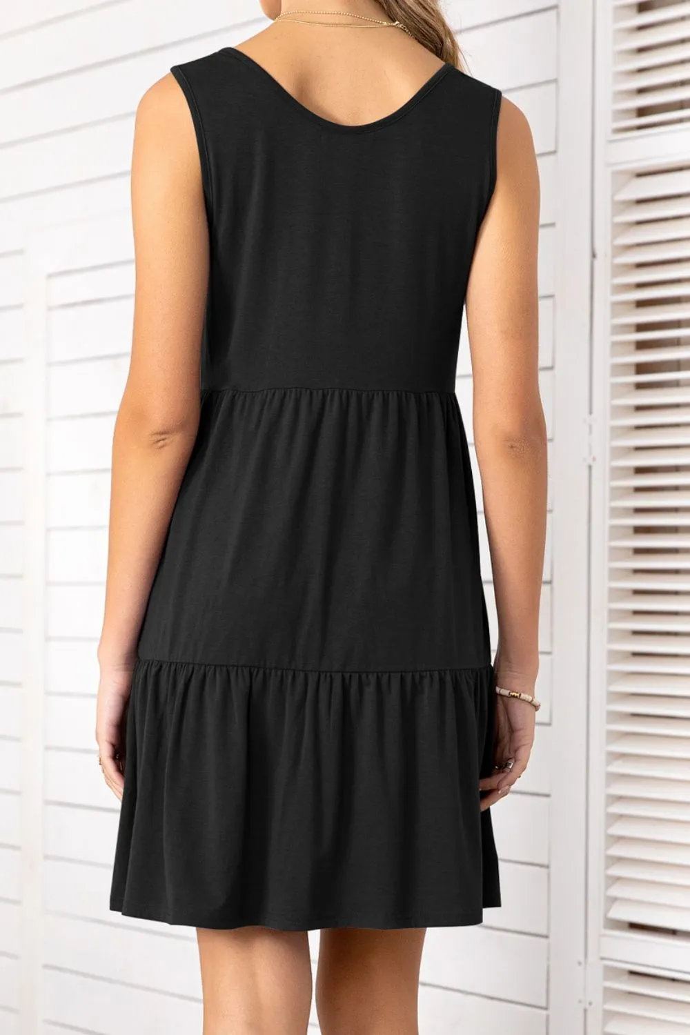 Decorative Button Scoop Neck Sleeveless Tiered Dress, image 7