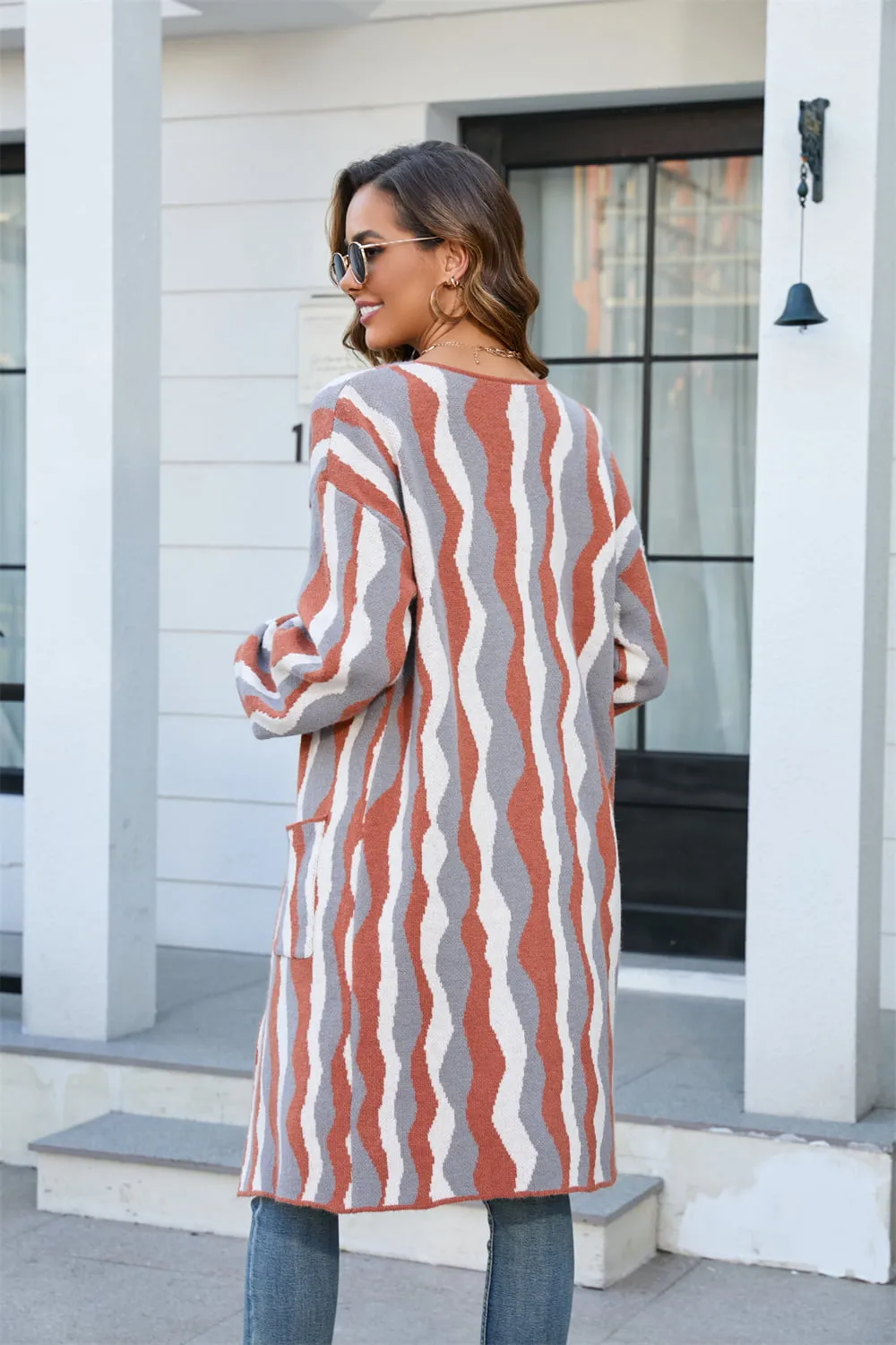 Printed Open Front Pocketed Cardigan, image 8