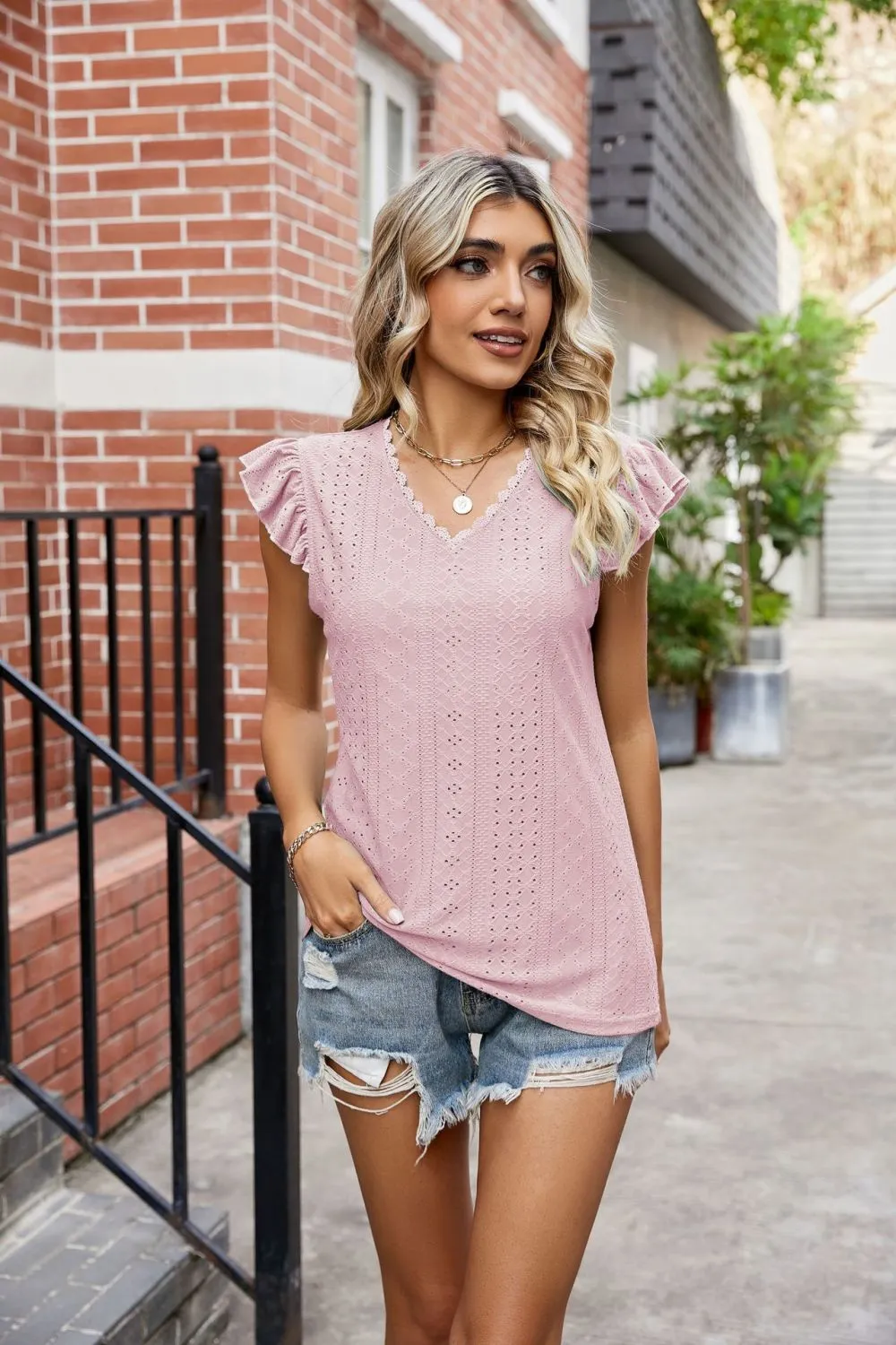 Eyelet Flutter Sleeve Scalloped V-Neck Top, image 9
