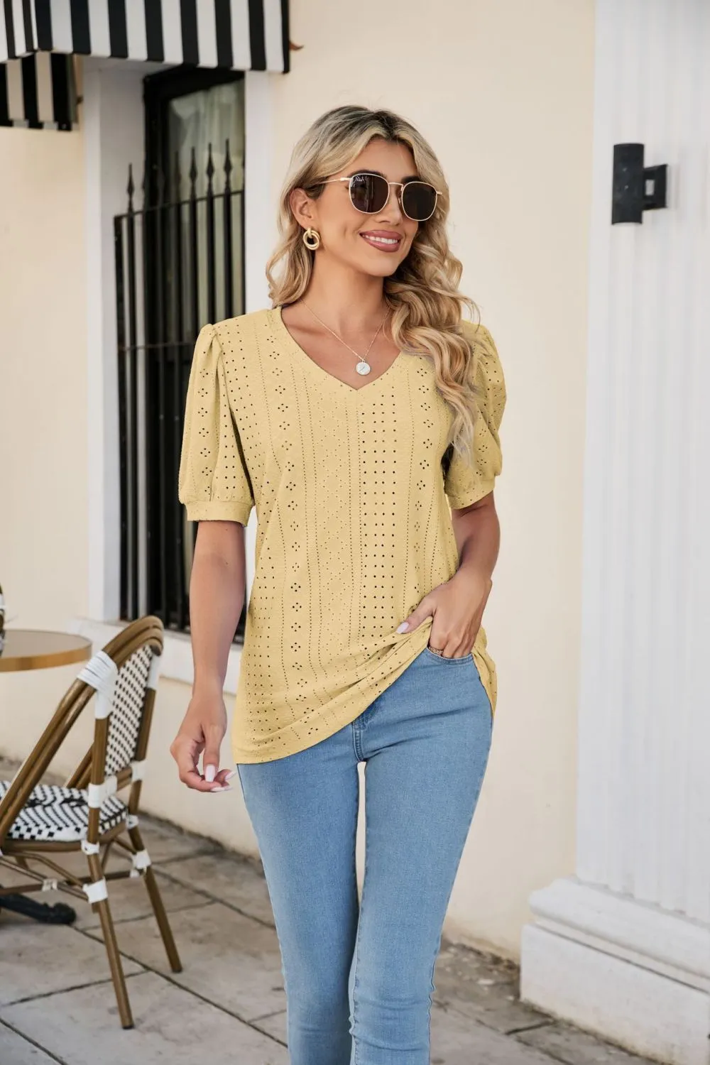 Eyelet Puff Sleeve V-Neck Top, image 9