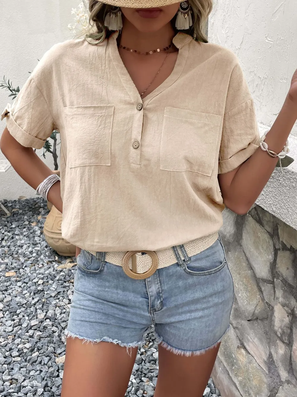 Buttoned Notched Neck Cuffed Sleeve Blouse, image 5
