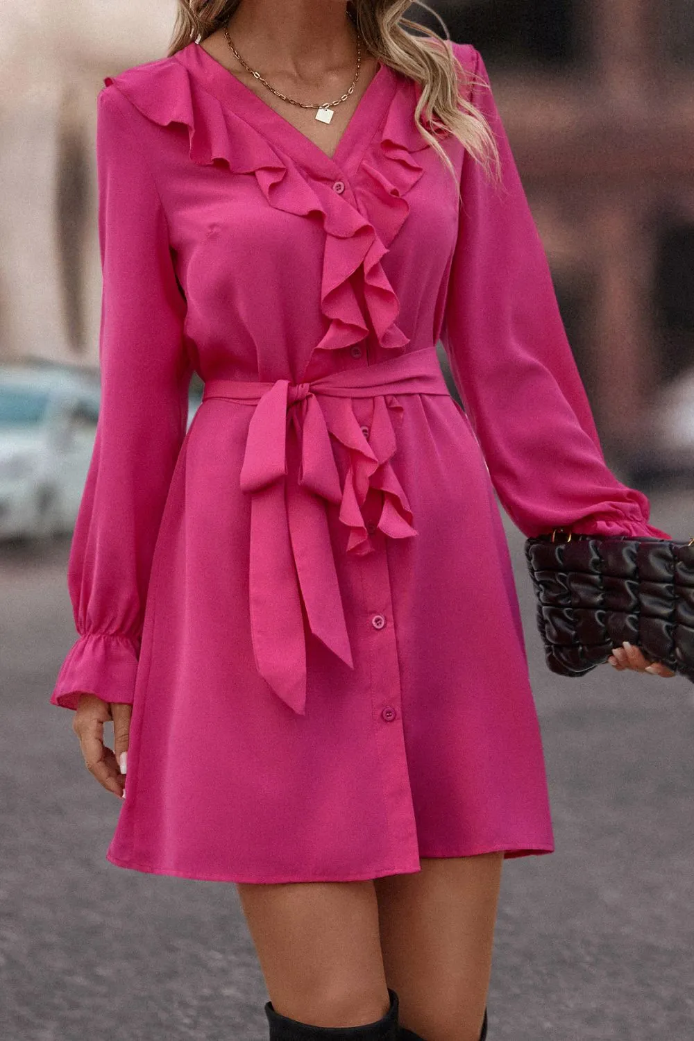 Ruffled Flounce Sleeve V-Neck Belted Dress, image 4