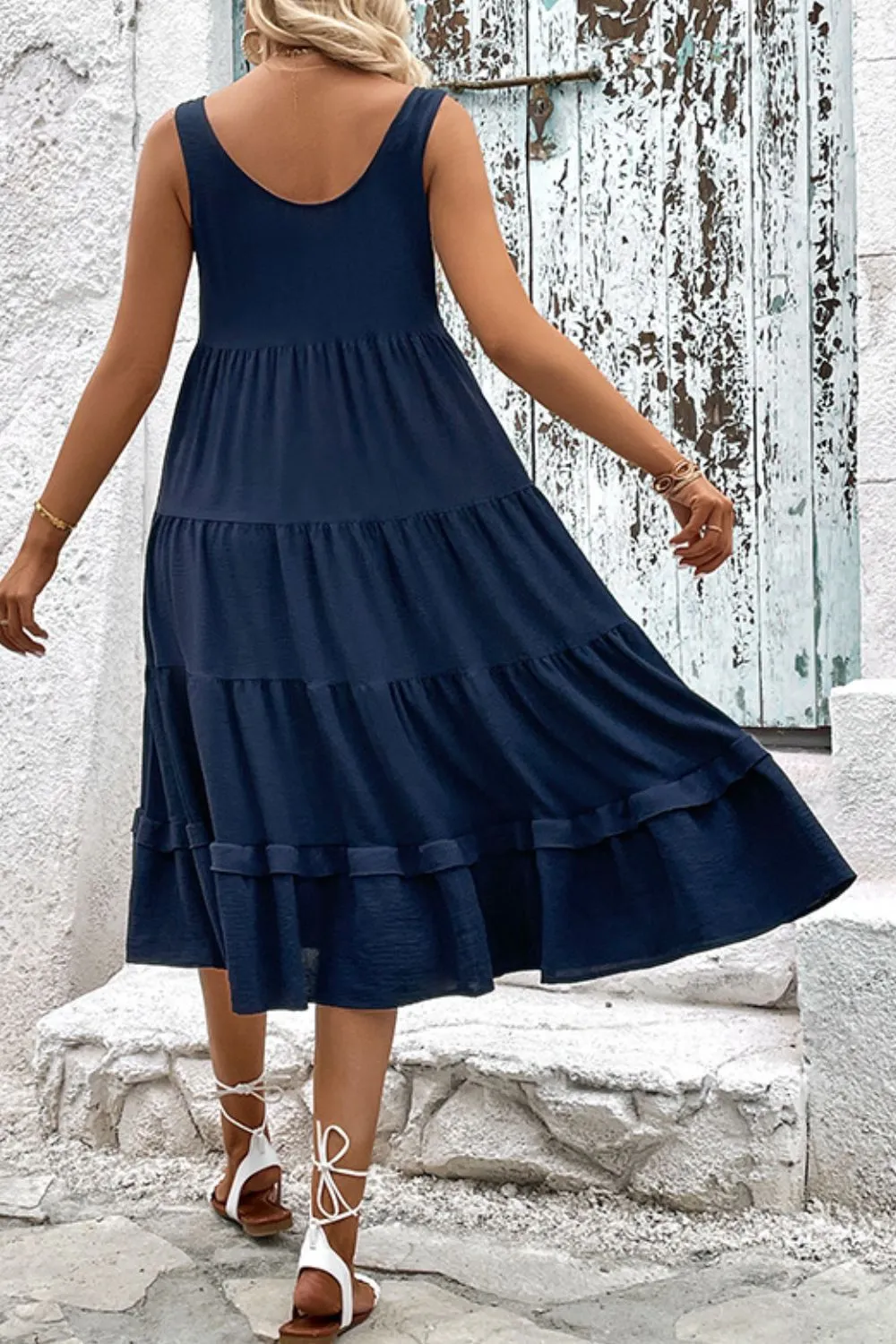 Decorative Button Scoop Neck Tiered Sleeveless Dress, image 7