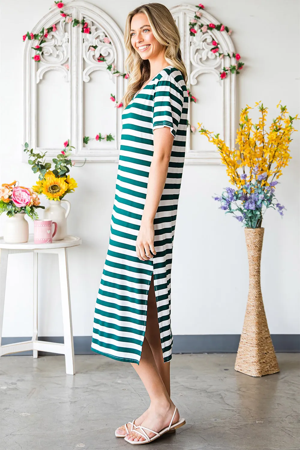 Striped V-Neck Short Sleeve Side Slit Dress, image 5