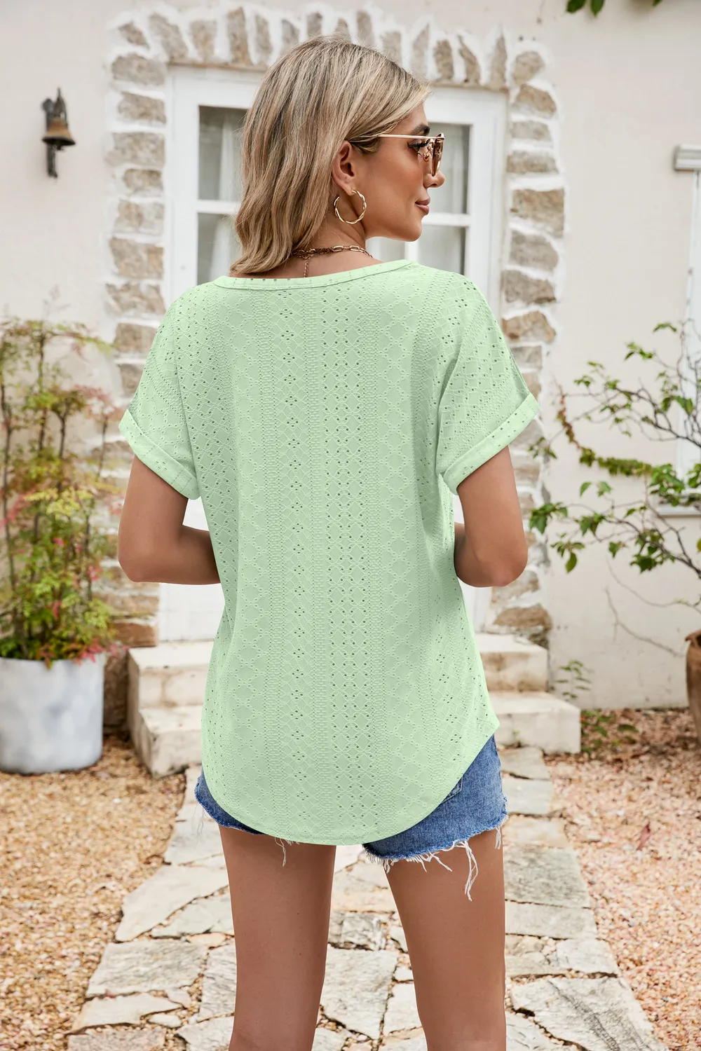 Full Size Round Neck Eyelet Short Sleeve Top, image 21