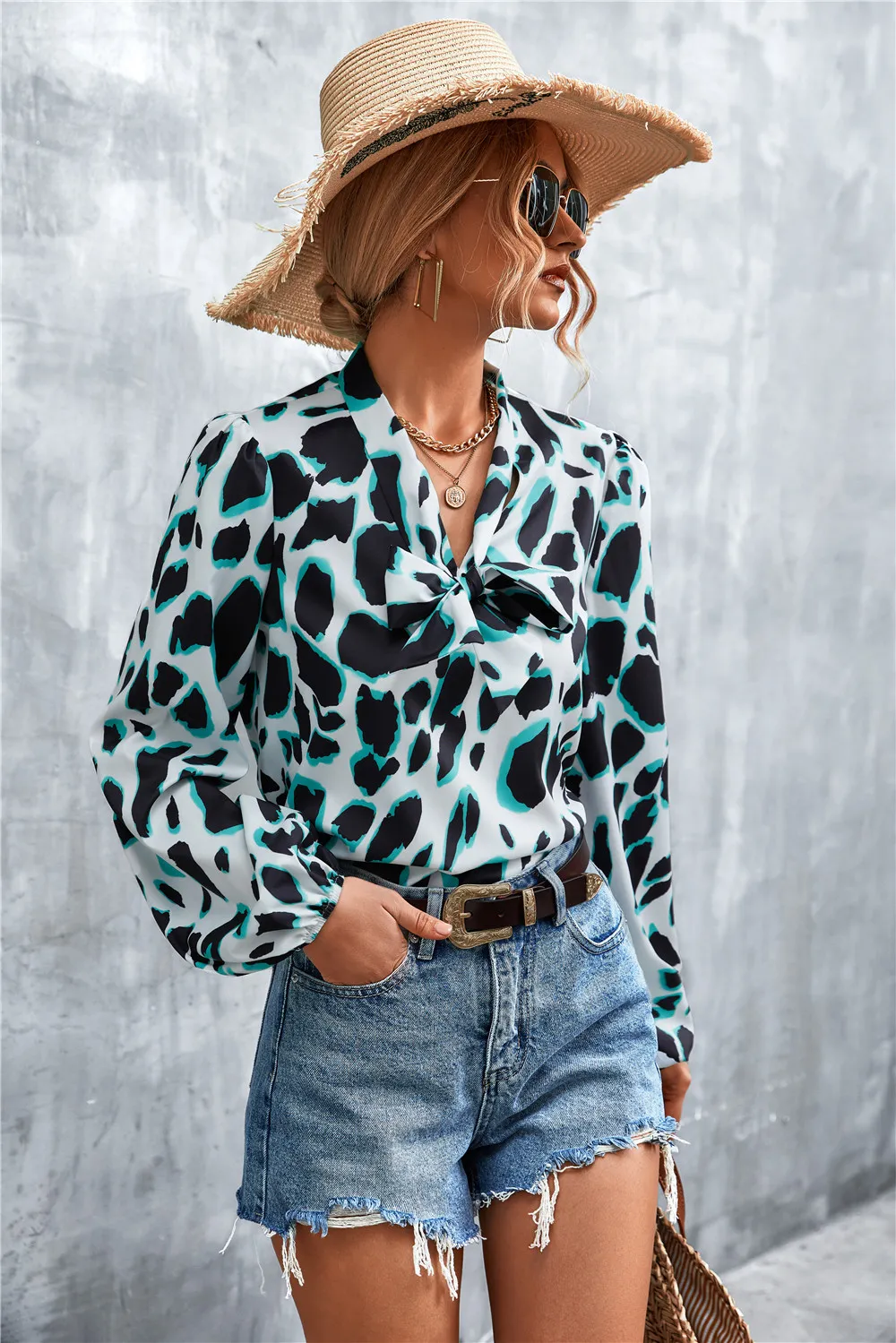 Printed Tie Neck Puff Sleeve Blouse, image 10