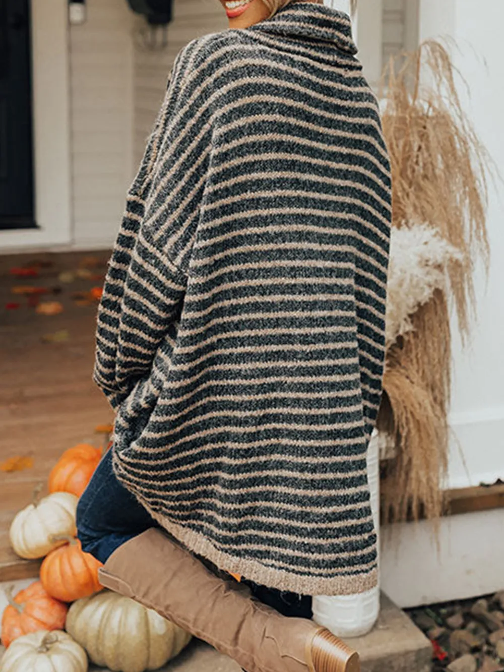 Striped Turtleneck Sweater with Pockets, image 2