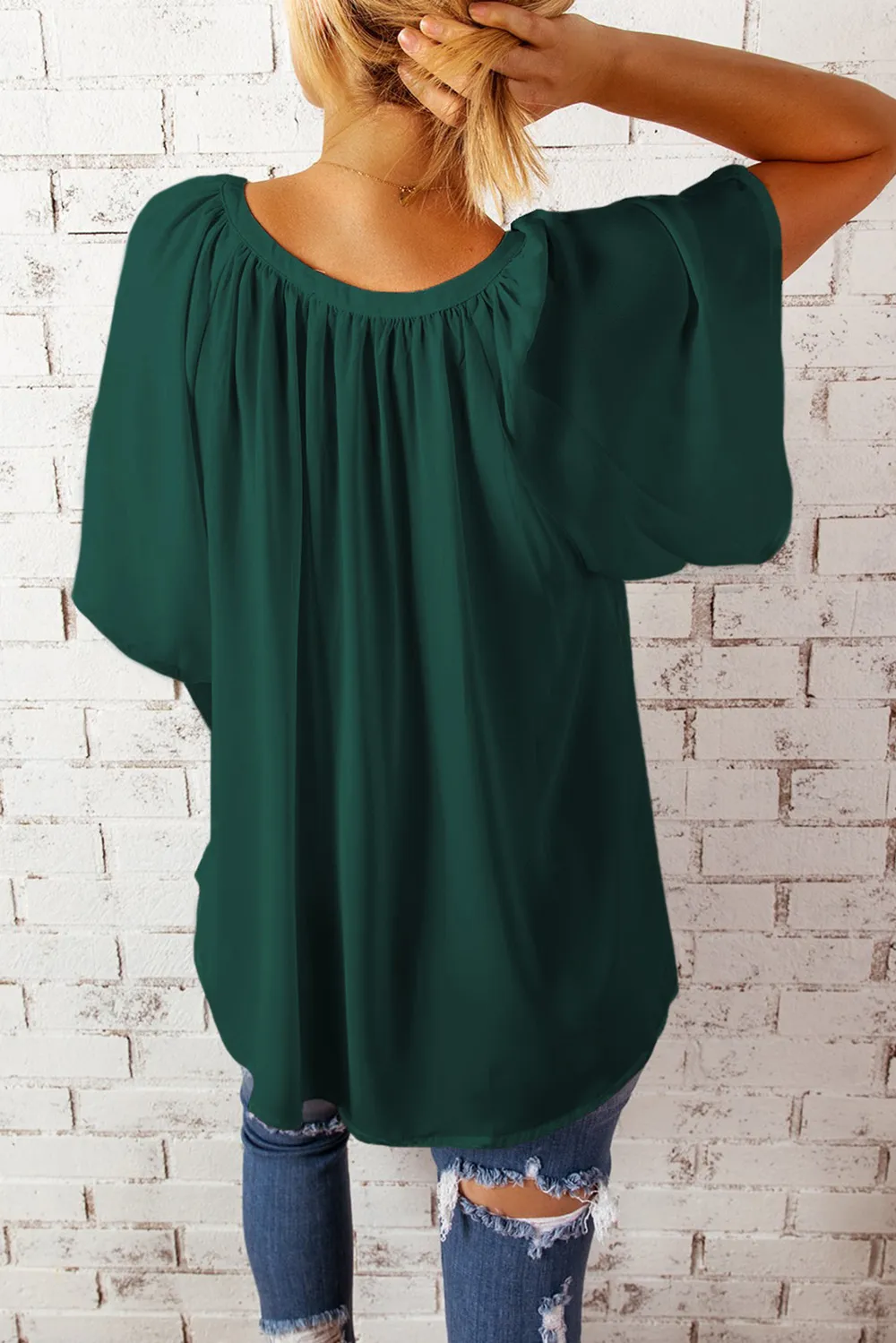 Gathered Detail Notched Neck Flutter Sleeve Top, image 12