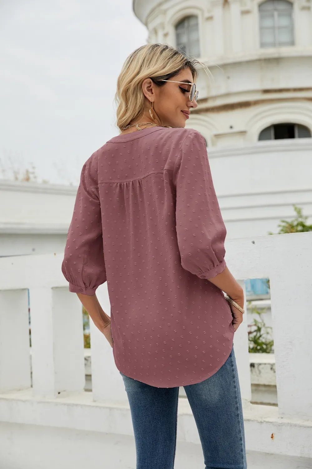 Swiss Dot Notched Neck Three-Quarter Sleeve Blouse, image 23