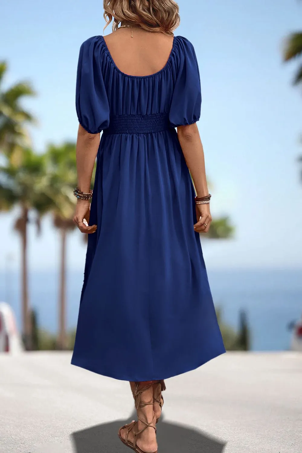 Square Neck Smocked Waist Puff Sleeve Midi Dress, image 7