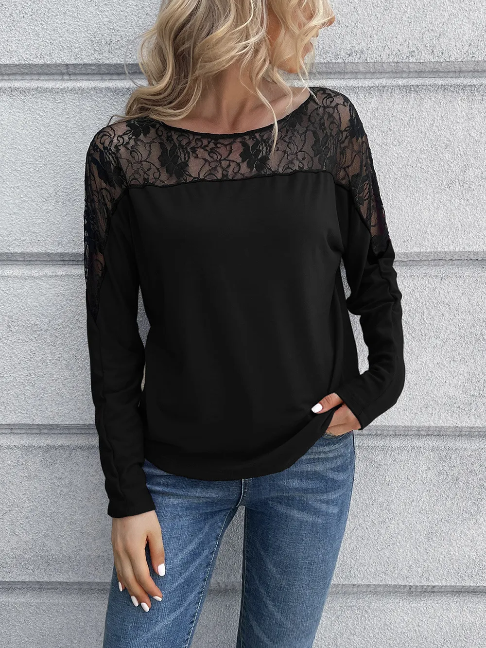 Lace Long Sleeve Round Neck Tee, image 6