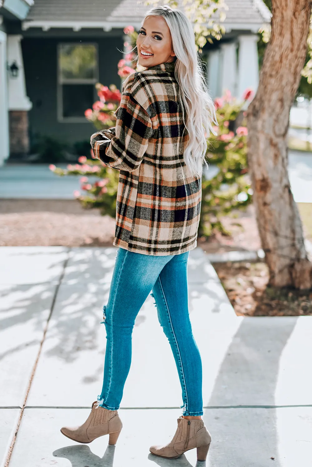 Plaid Button Front Shirt Jacket with Breast Pockets, image 8