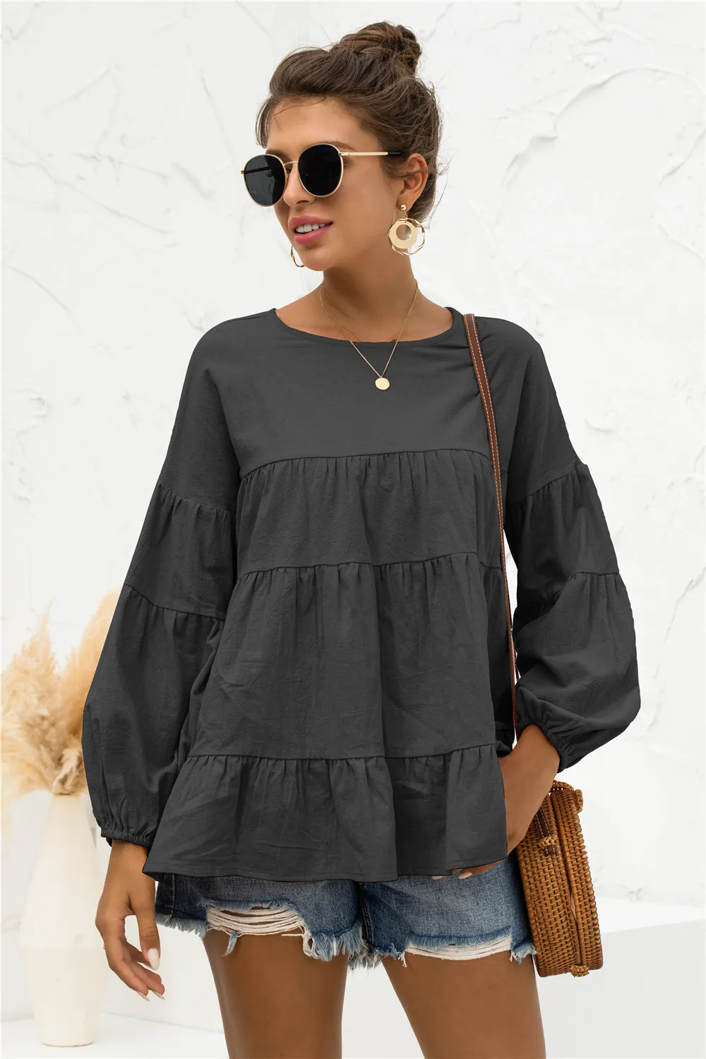 Round Neck Bubble Sleeve Tiered Blouse, image 7