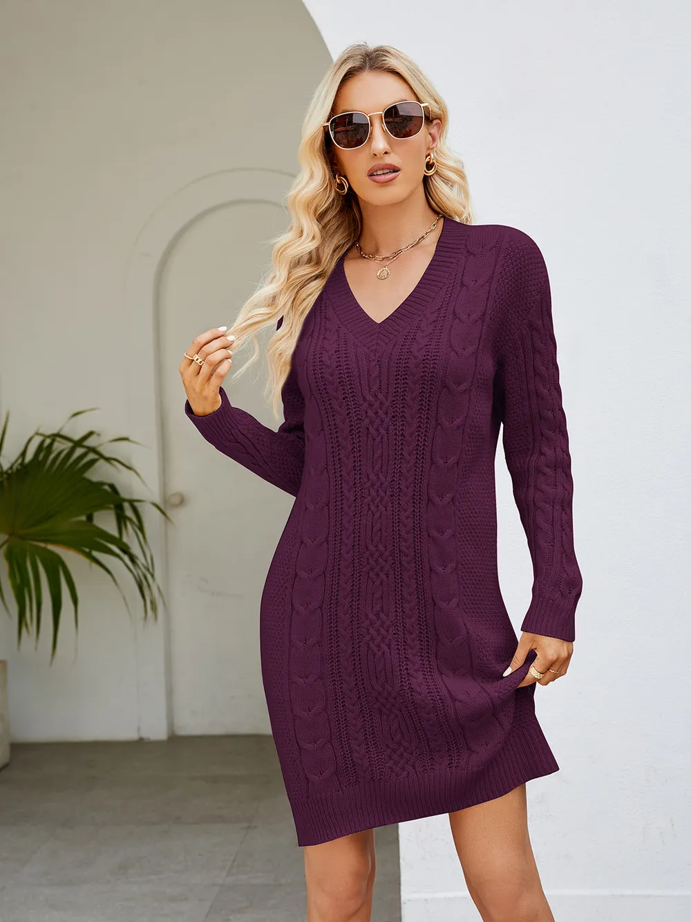 Cable-Knit V-Neck Mini Sweater Dress, image 10