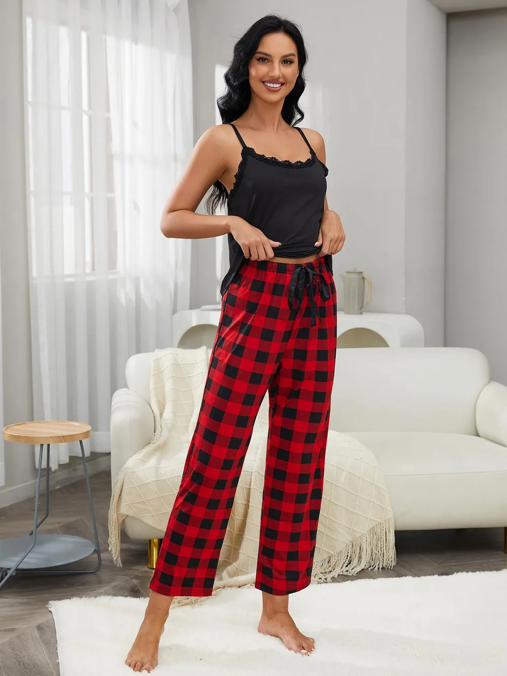 Lace Trim Cami and Plaid Pants Lounge Set, image 5