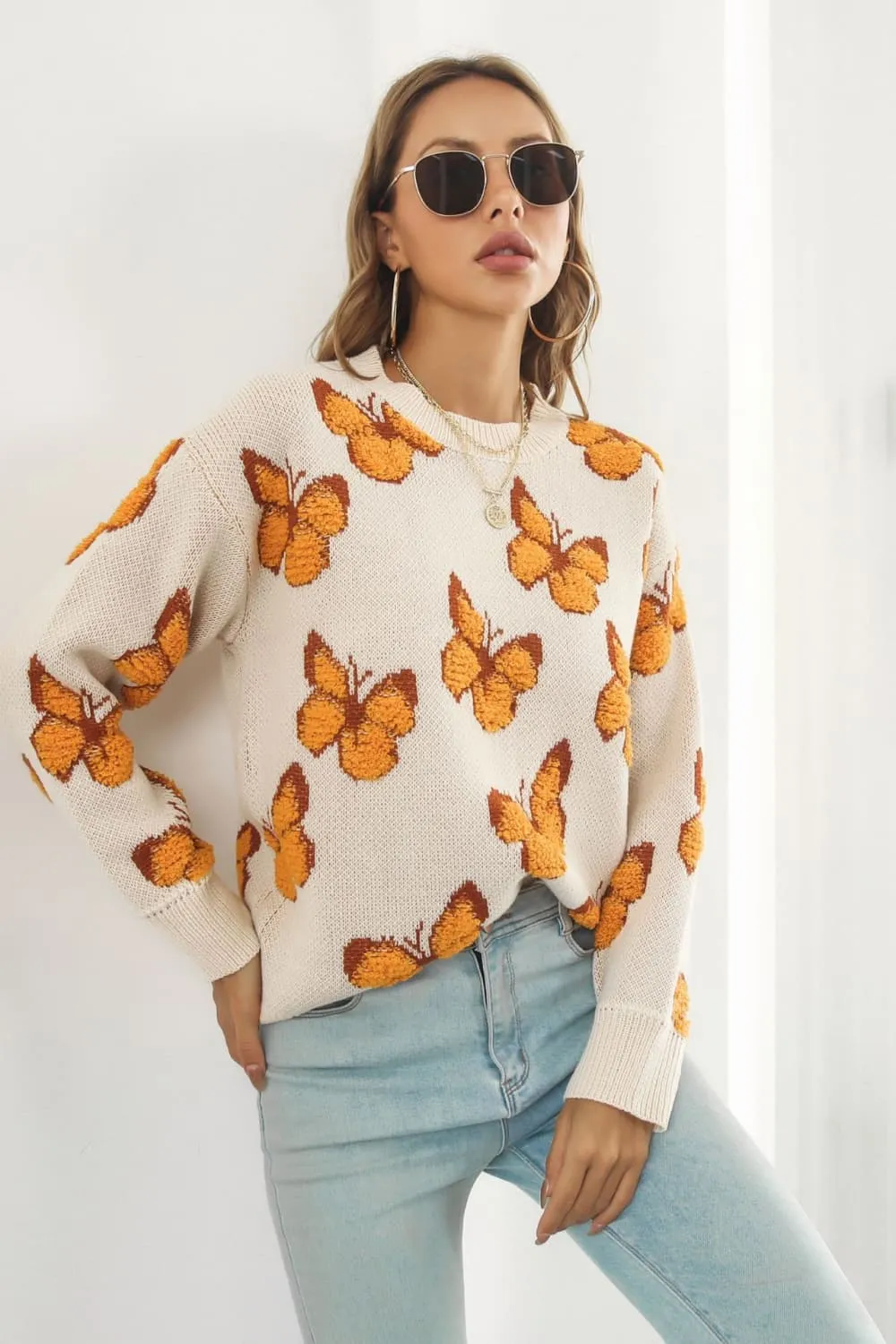 Butterfly Pattern Round Neck Dropped Shoulder Sweater, image 5