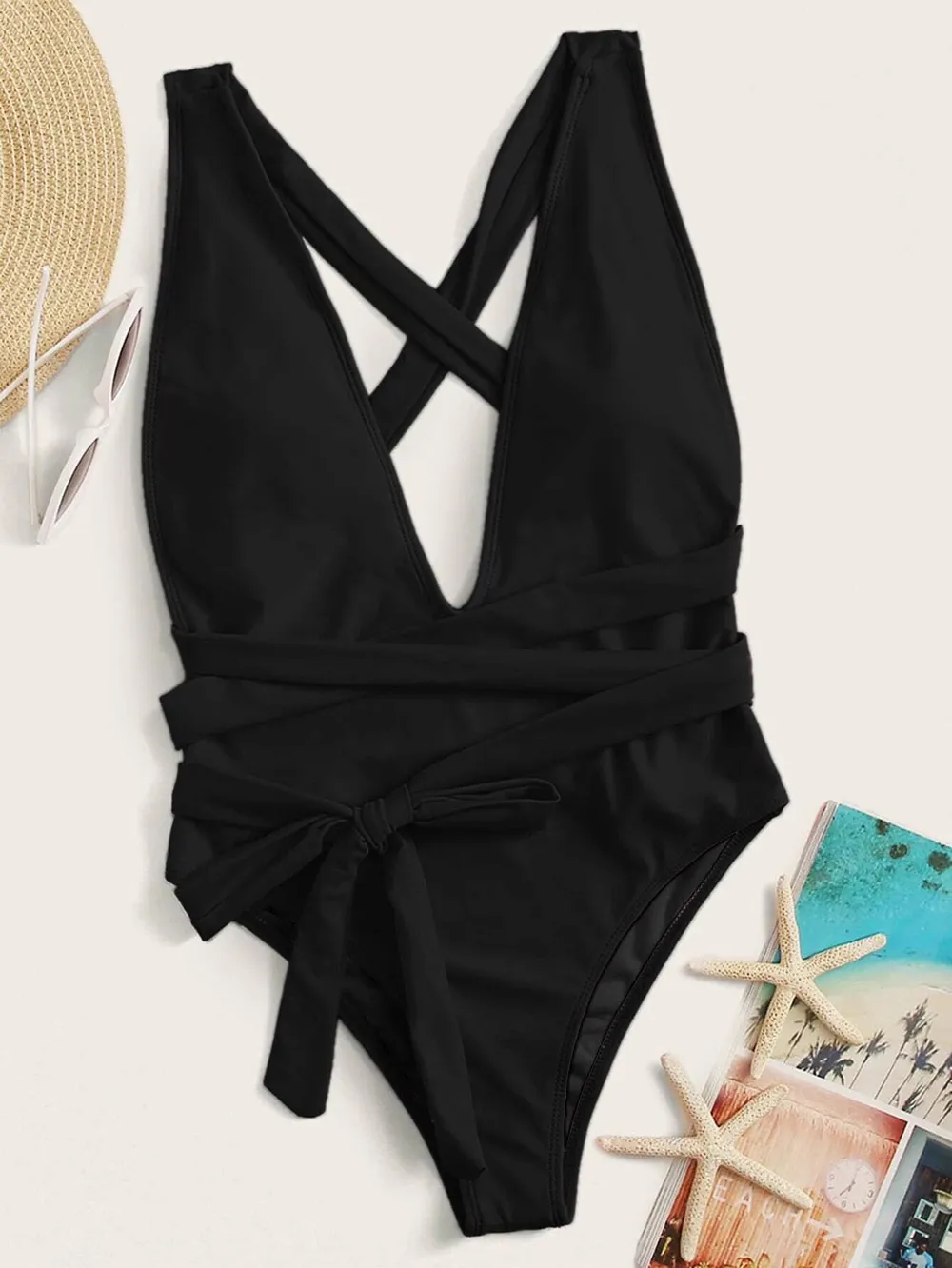 Halter Neck Deep V Tied One-Piece Swimsuit, image 10