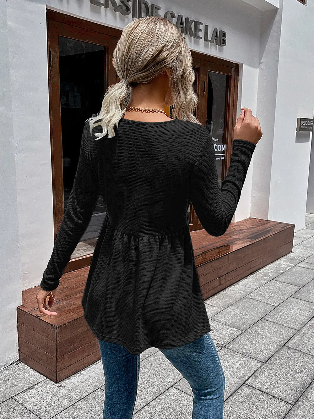 Waffle-Knit V-Neck Long Sleeve Blouse, image 9