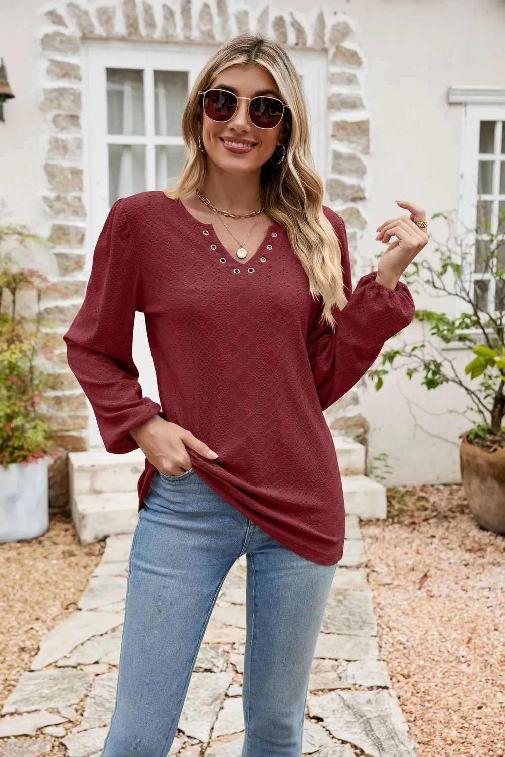 Eyelet Notched Neck Balloon Sleeve Blouse, image 8