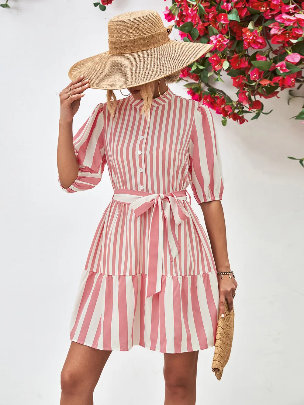 Striped Half Sleeve Tie Waist Mini Dress, image 10