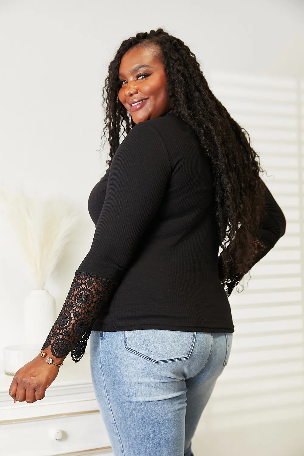 Crochet Lace Hem Sleeve Button Top, image 4