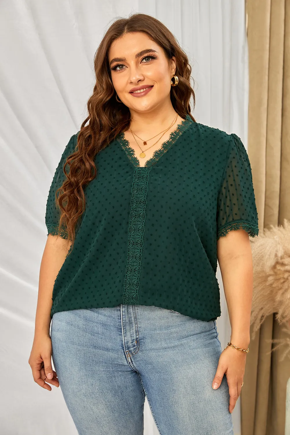 Plus Size Swiss Dot Spliced Lace V-Neck Blouse, image 5