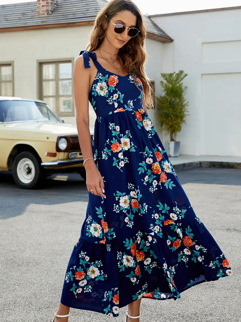 Floral Tie-Shoulder Sleeveless Dress, image 3