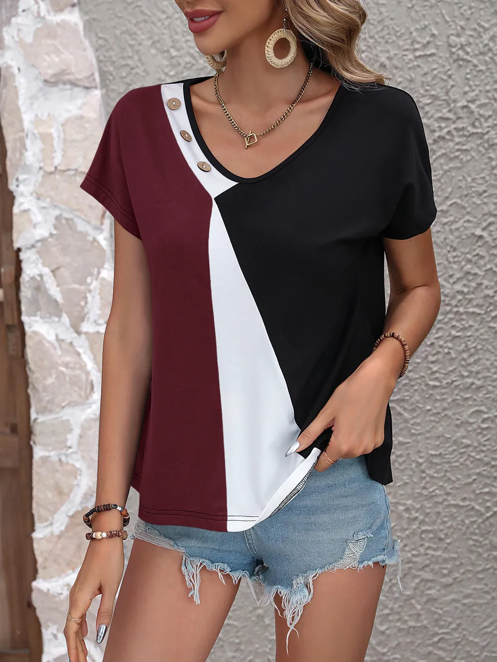 Color Block Decorative Button V-Neck Tee, image 9