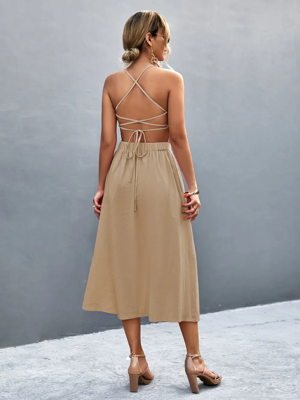 Buttoned Halter Neck Frill Trim Midi Dress, image 6